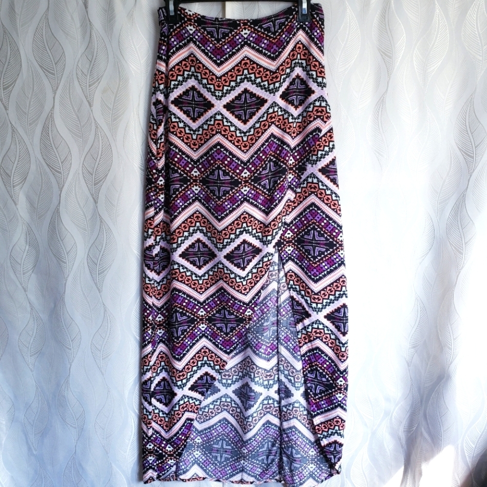 Express Geometric Aztec Print Faux Wrap Tulip Slit Maxi Skirt